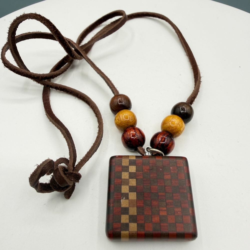 Wood Mosaic Square Pendant Necklace Brown Suede Cord Wooden Beads Boho Vintage